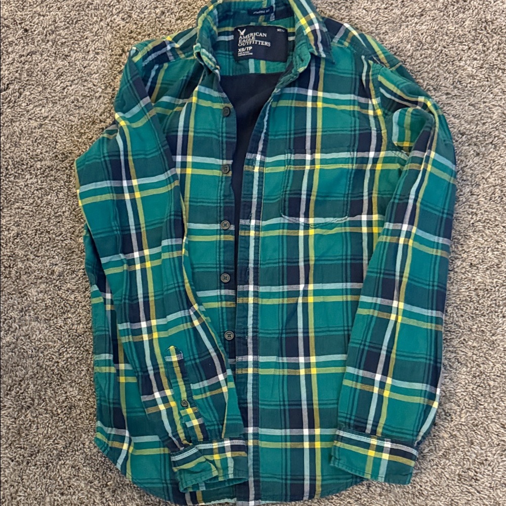 American Eagle Outfitters Men's Blue and Yellow Plaid Shirt